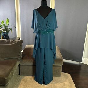 Women’s Blue 2 Piece Chiffon Formal Wedding Pantsuit Zip Up Back Size 16